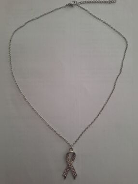 Silver Tone Pink Rhinestone Breast Cancer Ribbon Necklace 18-19.75" NWOT